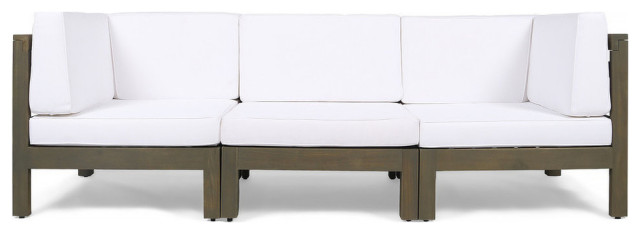 GDF Studio Keith Outdoor 3-Seater Acacia Wood Sectional Sofa Set, Gray Finish/White