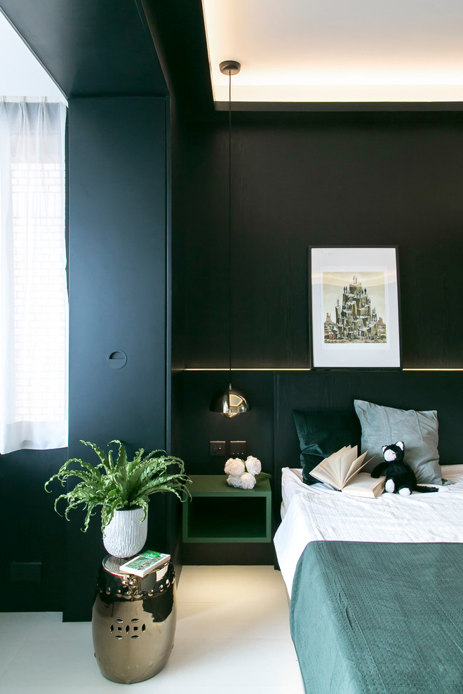 Large asian master bedroom in Hong Kong with black walls, ceramic floors and white floor.