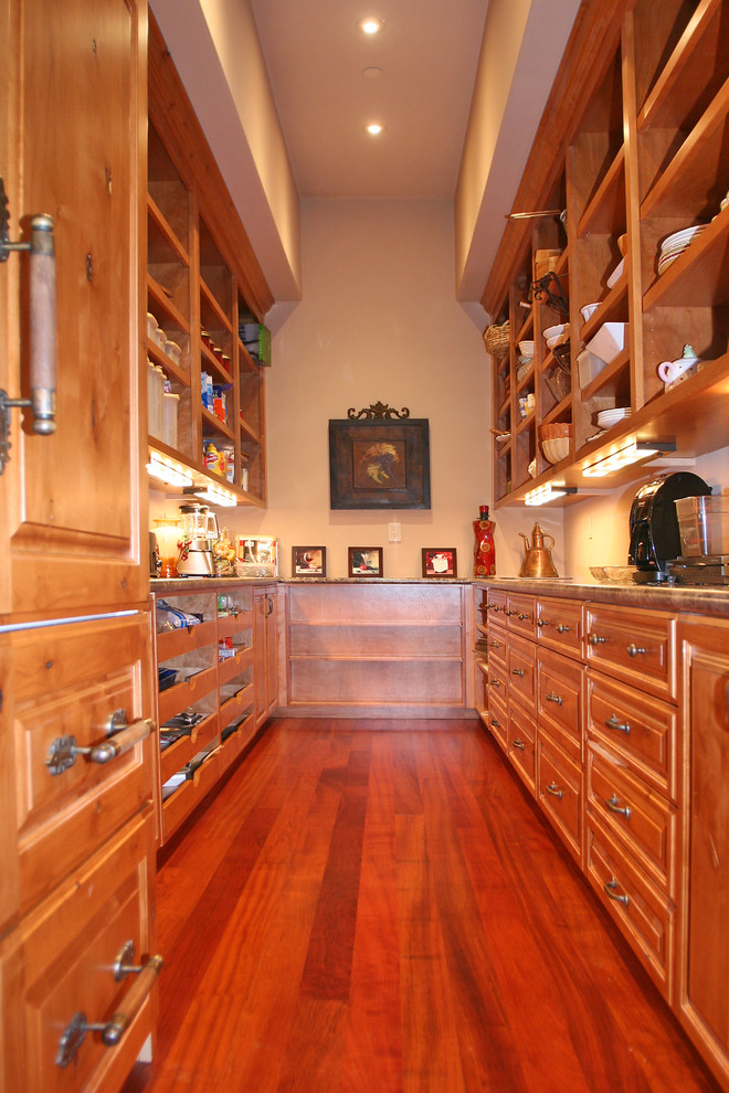 Design ideas for a large traditional kitchen pantry in San Francisco with raised-panel cabinets.
