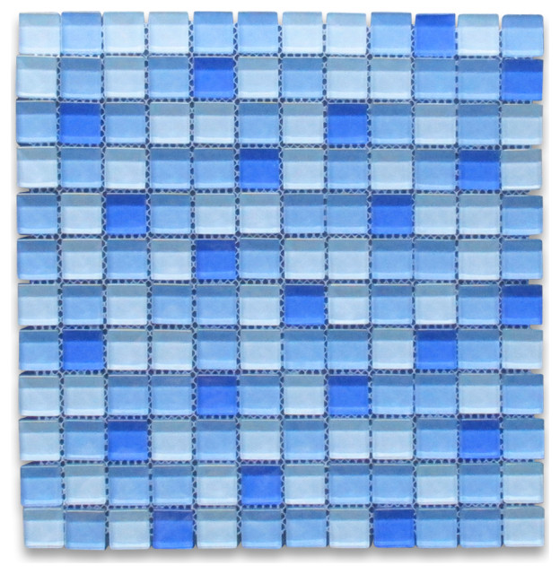 Glass Mosaic Tile White & Blue Glass 7/8" Square Accent Backsplash, 1 sheet