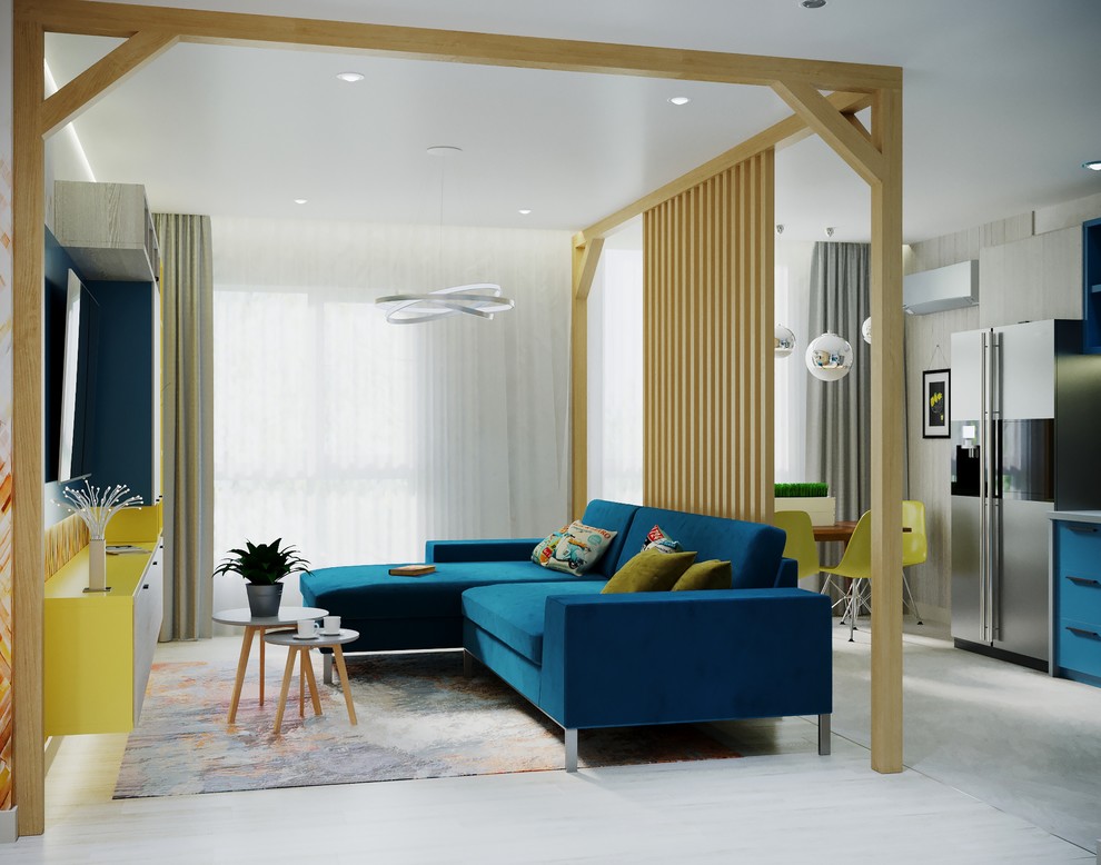 Гостиная с синим диваном