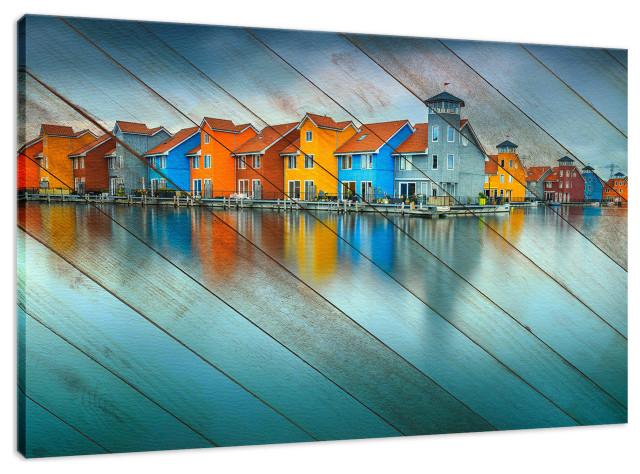 Faux Wood Blue Morning at Waters Edge Groningen Canvas Prints, 12" X 16"