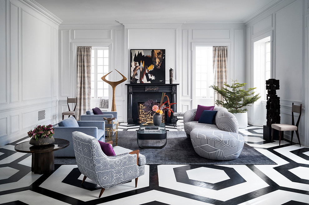Transitional formal enclosed living room in New York with grey walls, painted wood floors, a standard fireplace, a wood fireplace surround and multi-coloured floor.