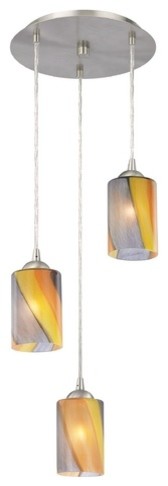Modern Multi-Light Pendant Light With Art Glass and 3-Lights, 583-09 GL1015C