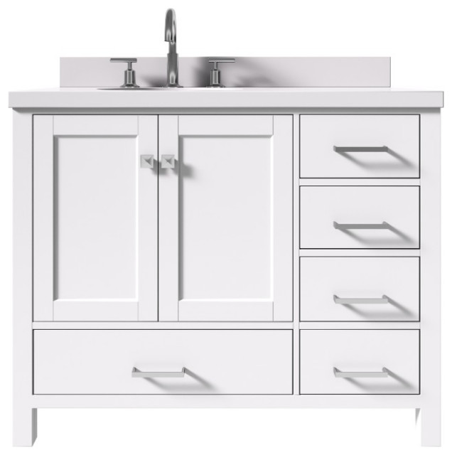 Cambridge White 43" Left Offset Oval Sink Vanity With Quartz Countertop ...