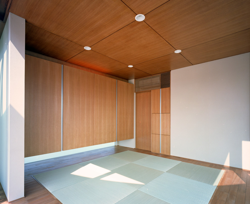 Ispirazione per una camera degli ospiti etnica di medie dimensioni con pareti beige, pavimento in tatami, nessun camino, cornice del camino in intonaco e pavimento beige
