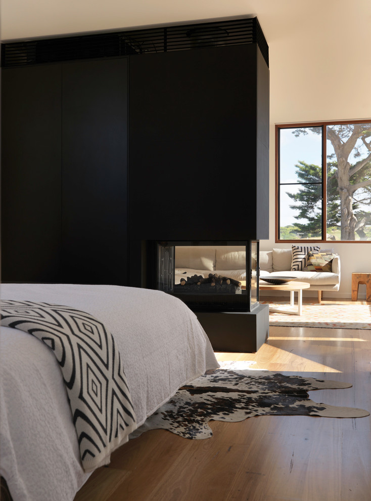 Photo of a mid-sized contemporary master bedroom in Melbourne with white walls, medium hardwood floors and a two-sided fireplace.