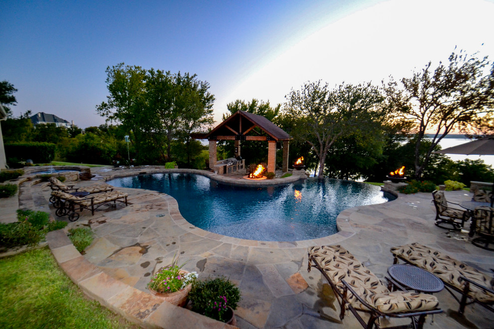 Bridgeport Freeform Infinity Pool and Cabana Rustic Pool Dallas
