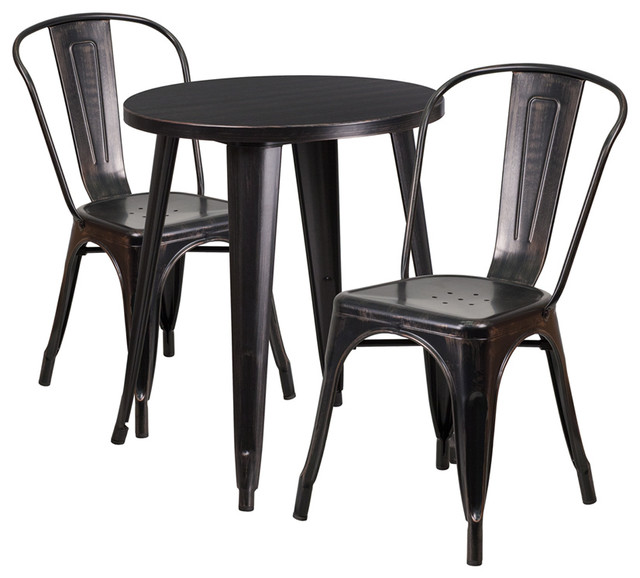 24 Round Black Antique Gold Metal Indoor Outdoor Table Set With 2 Cafe Chairs