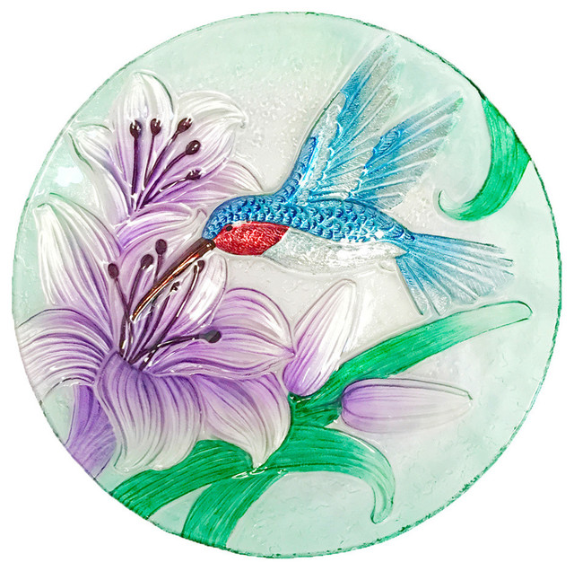 Handpainted Glass Bowl Hummingbird With Silver Glitter
