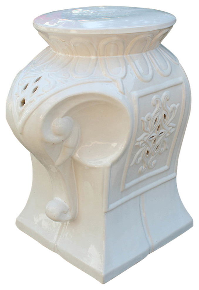 Contemporary Elephant Ceramic Garden Stool, Antique White