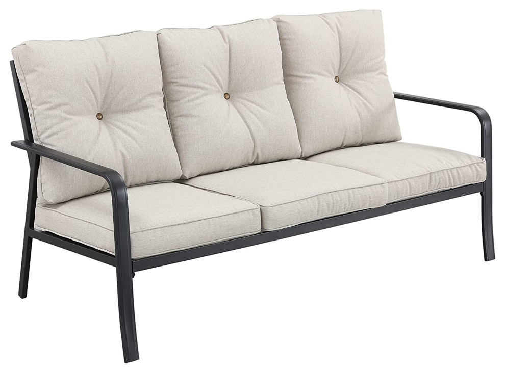 3 Seater Patio Sofa, Metal Frame With Cushioned Seat & Button Tufted