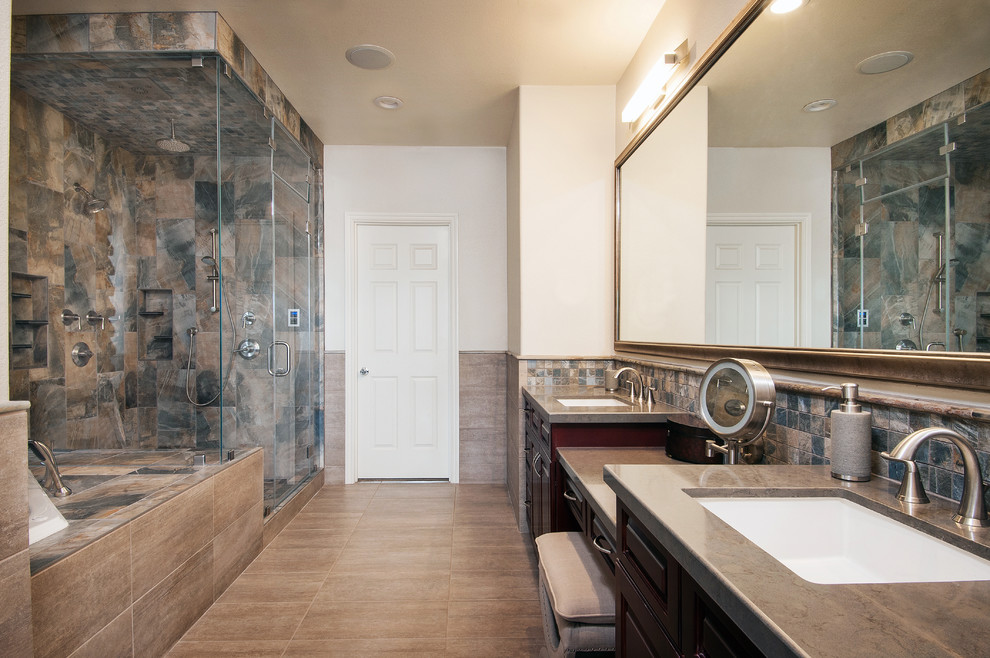 Design ideas for a mid-sized transitional bathroom in San Diego with an undermount sink, raised-panel cabinets, engineered quartz benchtops, brown tile, white walls, dark wood cabinets and with a sauna.