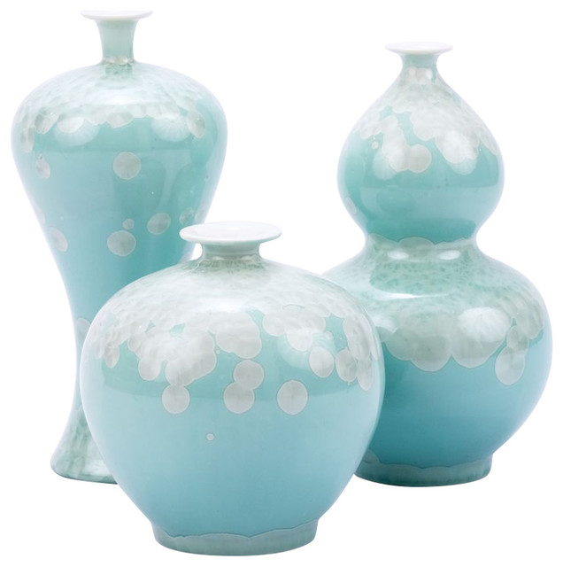 Chinoiserie Green Crystal Shell Porcelain Vases Set Of 3