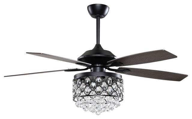 52-inch Black 5-Blades Crystal Chandelier Ceiling Fan with Remote Control