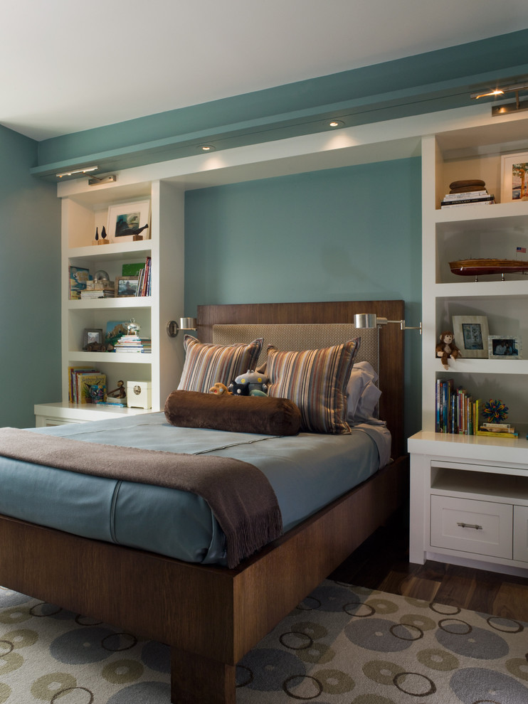This is an example of a transitional kids' bedroom for kids 4-10 years old and boys in San Francisco with blue walls and dark hardwood floors.