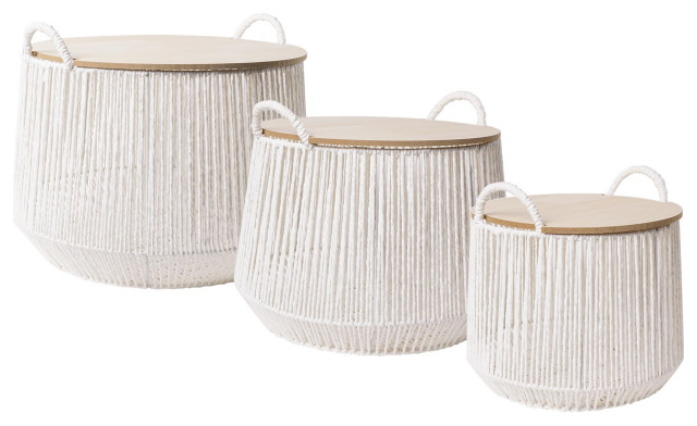 Boho White and Natural Paper Rope Woven Storage Baskets with Wooden Lids 3 Set