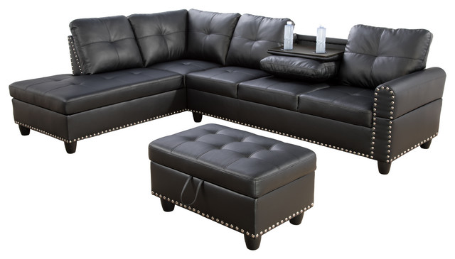 Luka 3 Piece Sectional Sofa With Chaise, Black Leather Sofa With Chaise