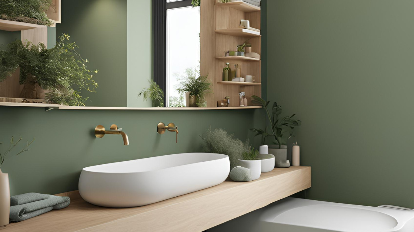 Calming Green and Brown Bathroom in Kentish Town