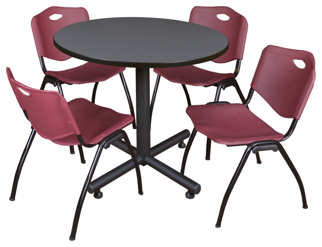 Kobe 36" Round Breakroom Table- Grey & 4 'M' Stack Chairs- Burgundy