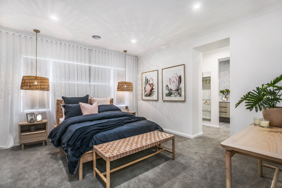 Inspiration for a large contemporary master bedroom in Melbourne with white walls, carpet and grey floor.