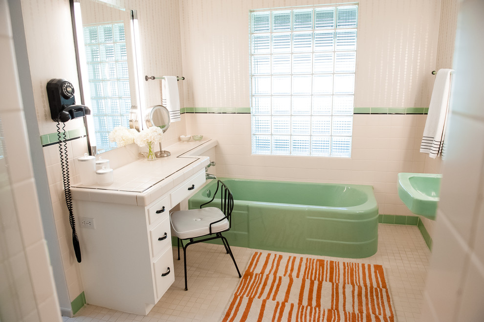 Photo of a small midcentury master bathroom in Phoenix with tile benchtops, white tile and ceramic tile.