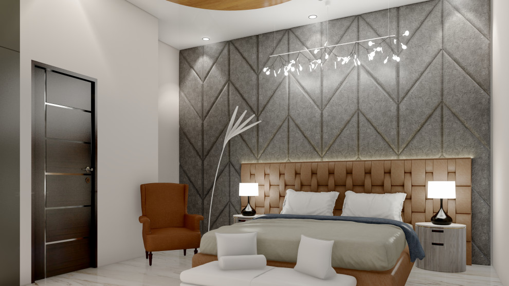 This is an example of a medium sized modern master and grey and white bedroom in London with beige floors, white walls, ceramic flooring, wallpapered walls and a feature wall.