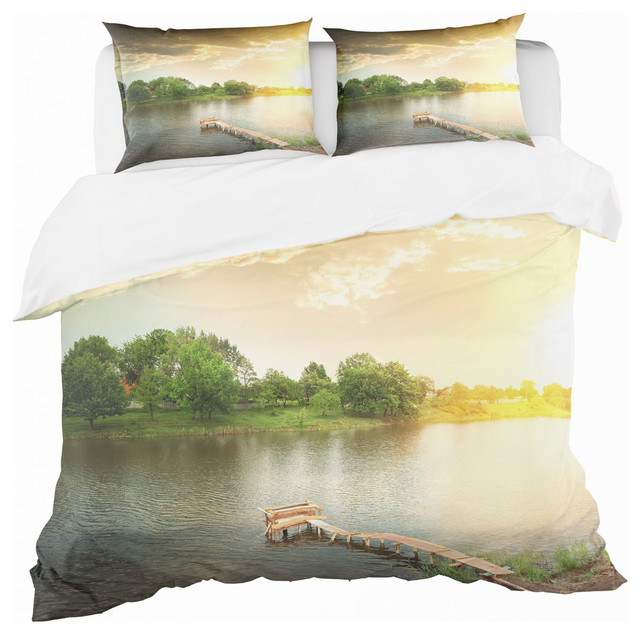 Lake Under Evening Sun Cabin and Lodge Duvet Cover Set, King + 2 Shams