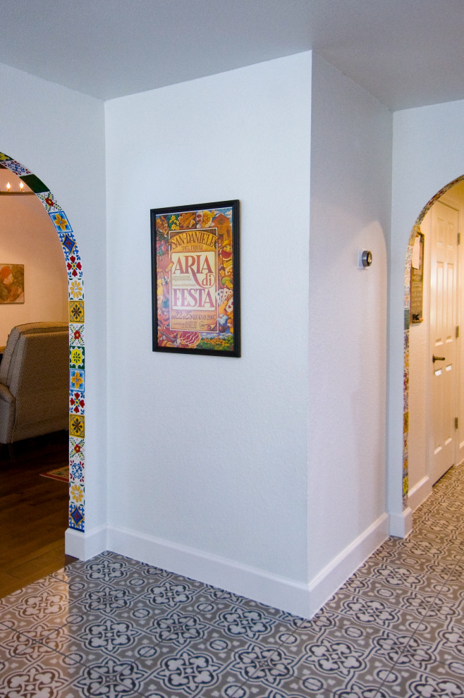 Inspiration for a large transitional u-shaped ceramic tile and multicolored floor eat-in kitchen remodel with an undermount sink, recessed-panel cabinets, gray cabinets, granite countertops, multicolored backsplash, stone tile backsplash, stainless steel appliances, an island and multicolored countertops