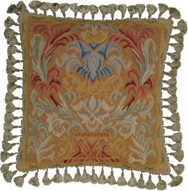 Aubusson Throw Pillow 22"x22" Leaf Flourishes Bronze Green Handwoven