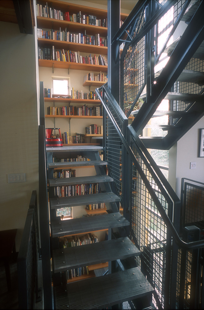 This is an example of an industrial u-shaped staircase in Seattle with open risers.