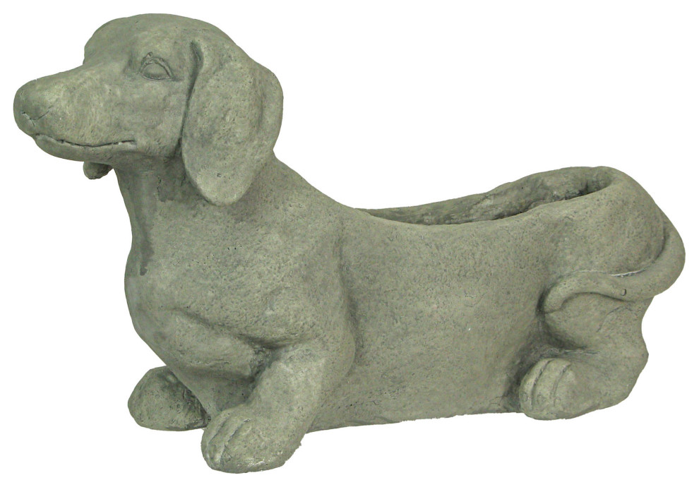 Rustic Distressed Grey Stone Finish Dachshund Dog Indoor Outdoor Planter Pot