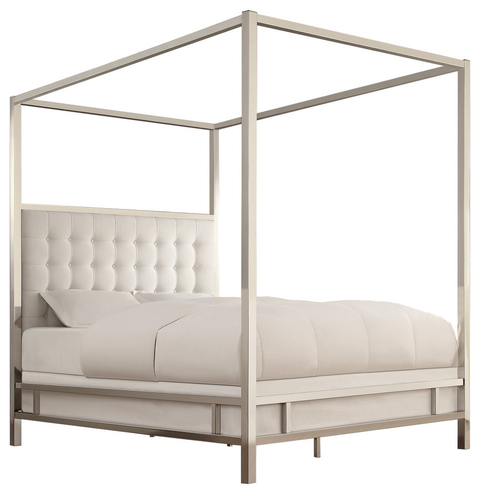 Safira Modern Metal Canopy Bed in Chrome, King Contemporary Canopy