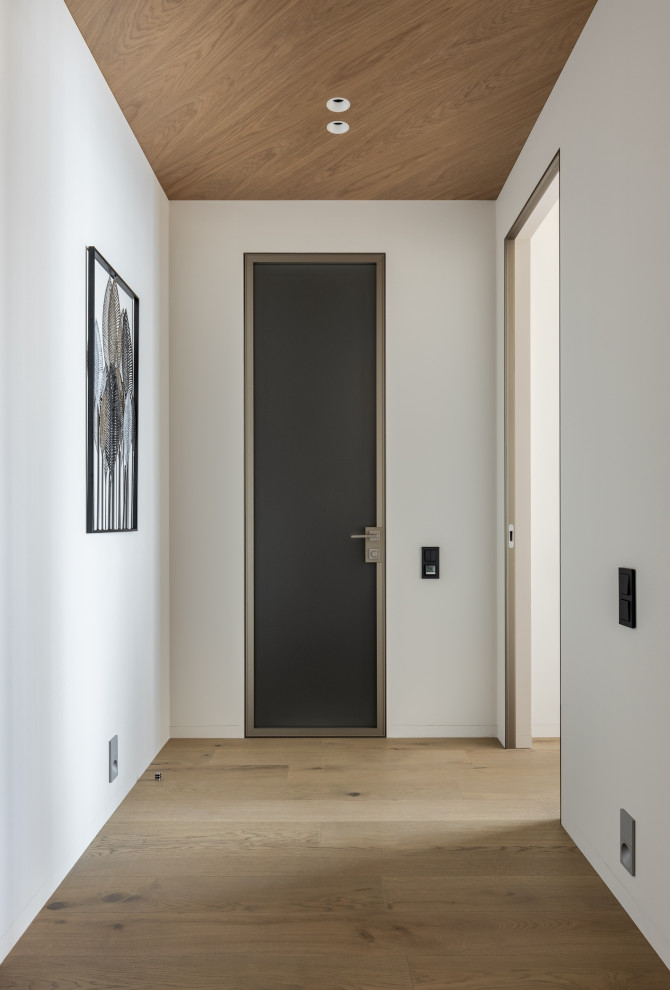 Источник вдохновения для домашнего уюта: коридор среднего размера в современном стиле с паркетным полом среднего тона и деревянным потолком