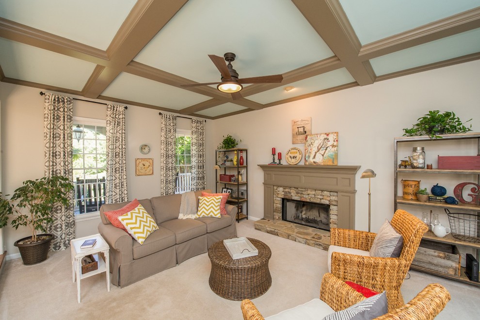 Design ideas for a large transitional open concept family room in Atlanta with grey walls, carpet, a standard fireplace and a stone fireplace surround.