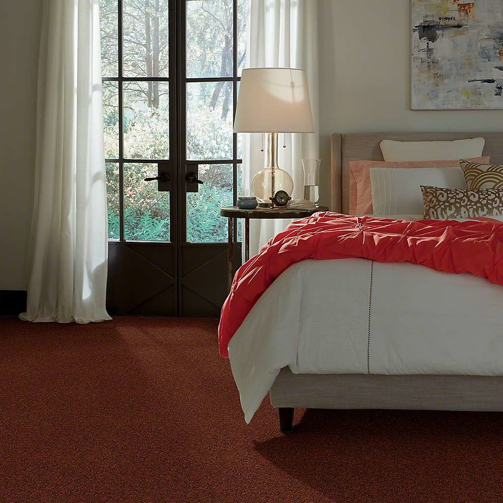 Example of a transitional master carpeted and red floor bedroom design in Phoenix with gray walls