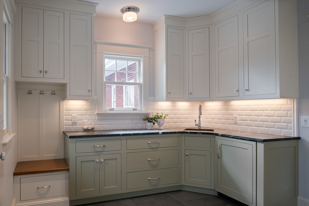 Inspiration for a mid-sized transitional u-shaped utility room in Other with an undermount sink, shaker cabinets, white cabinets, soapstone benchtops, blue walls and slate floors.