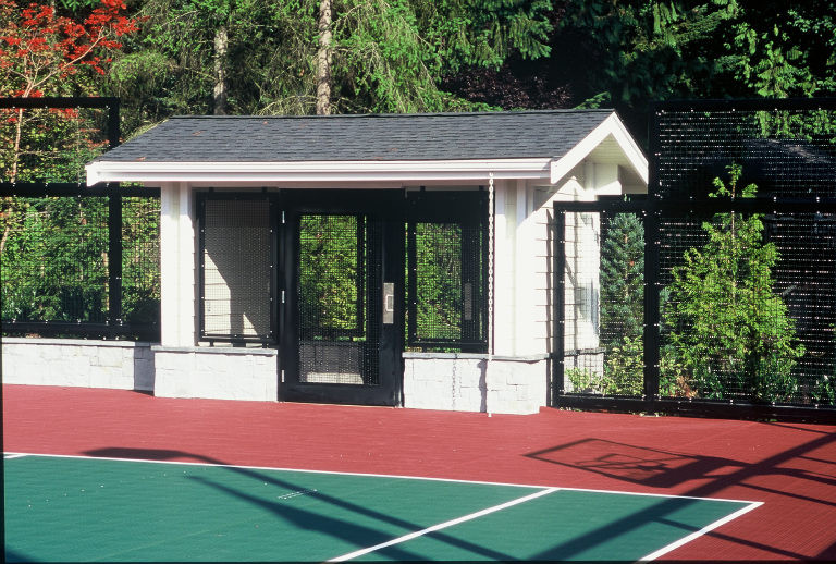 Sports court vestibule and barrier fence