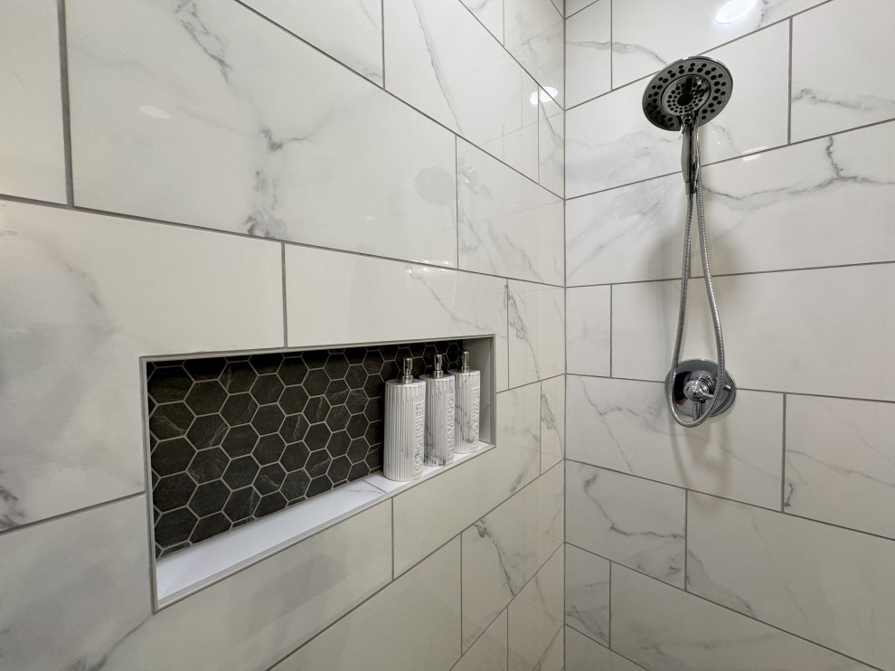 Marble-Look Shower Tile with Soft Veining