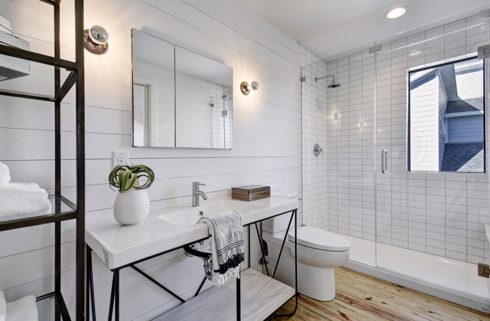 Inspiration for a mid-sized country master white tile and subway tile bathroom remodel in Austin