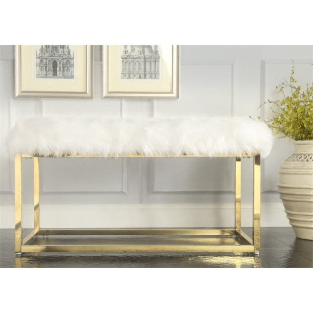 Posh Bench Posh Living Joseph Faux Fur Fabric Bench in Gray/Chrome - Contemporary ...