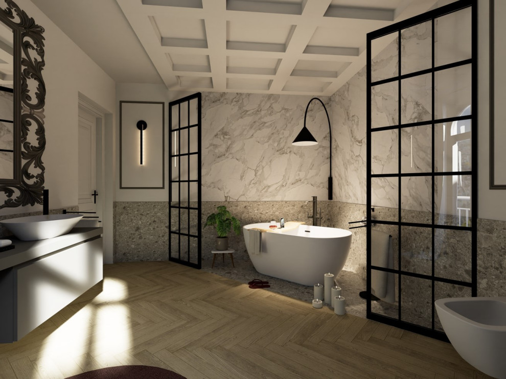 Example of a large trendy master gray tile and porcelain tile porcelain tile, beige floor, single-sink, coffered ceiling and wainscoting freestanding bathtub design in Milan with flat-panel cabinets, beige cabinets, a wall-mount toilet, white walls, a drop-in sink, laminate countertops, beige countertops and a floating vanity