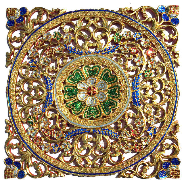 Mosaic Wall Art Medallion Gold Carved Wood Plaque Asiana Home Decor 24