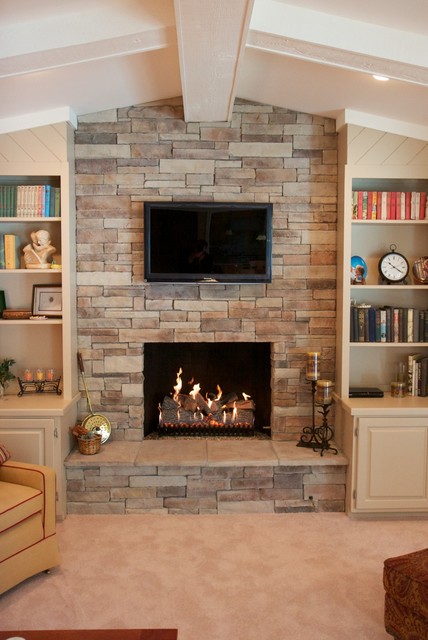 Dry stack stone veneer with no mortar joint fireplace design.  www.northstarstone.biz