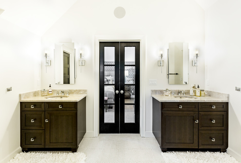 This is an example of a transitional master bathroom in Albuquerque with dark wood cabinets, white walls, mosaic tile floors, an undermount sink, white floor, beige benchtops and shaker cabinets.