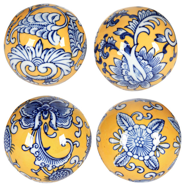 4 Porcelain Blue Yellow Decorative Ball Set Of 4 Traditional