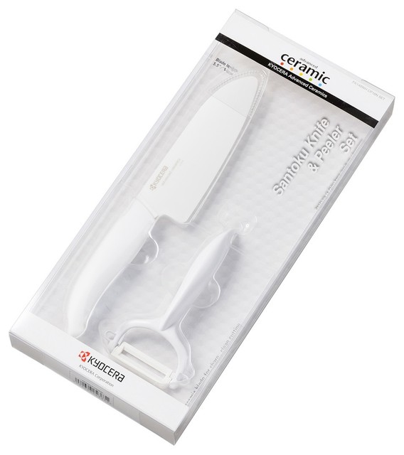 Kyocera Ceramic 2 Piece Santoku Knife and Peeler Set with White Handles