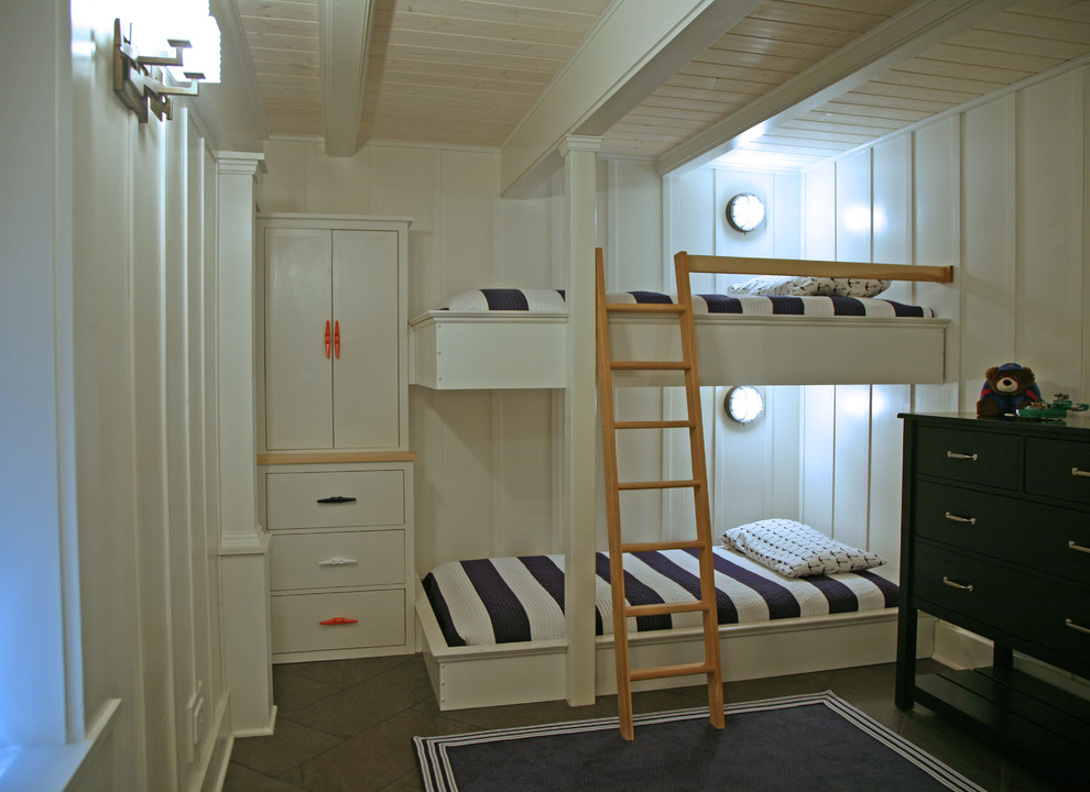 built in bunks - With the lower ceilings in this cottage basement we had to figure out how to maximize the bunk space without banging heads. This box mount on the floor solution did the trick. The column adds support and makes the bunks appear to be floating. The stained wood ladders that become safety rails are just one more detail that the builder and his sons added to the mix.