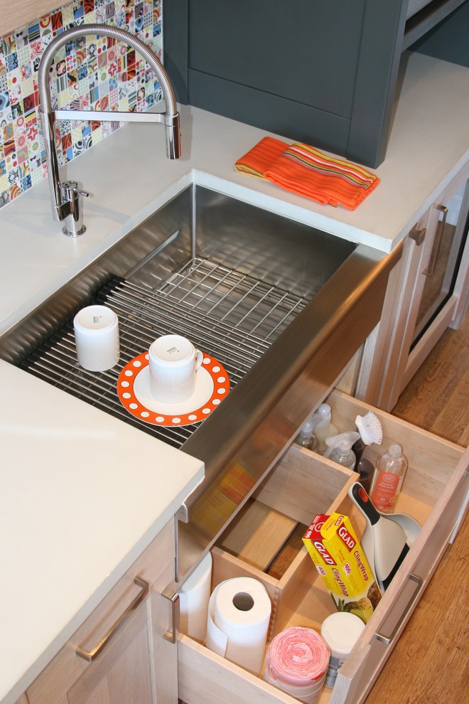 Mid-sized transitional single-wall medium tone wood floor and brown floor home design photo in San Francisco with an undermount sink, recessed-panel cabinets, light wood cabinets, concrete countertops, multicolored backsplash and ceramic backsplash