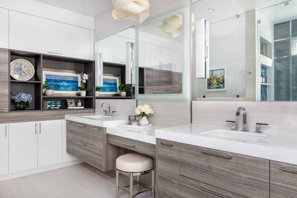 Large modern master bathroom in San Diego with flat-panel cabinets, white cabinets, a double shower, blue tile, ceramic tile, beige walls, a console sink, a hinged shower door, white benchtops, a shower seat, a double vanity and a built-in vanity.